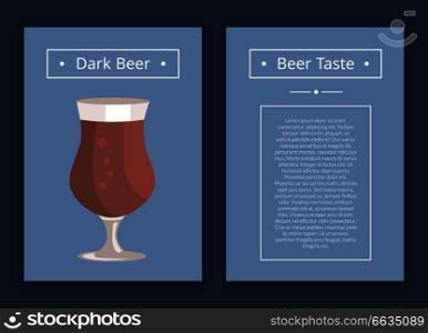 Dark beer collection of posters with text. Isolated vector illustration of full glass of tasty freshly brewed lager on blue background. Dark Beer Set of Posters with Blue Background