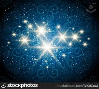 Dark blue background with shining stars against seethrough swirls pattern