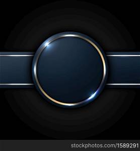 Dark blue circle and stripe label with golden line decoration on black background luxury style. Vector illustration