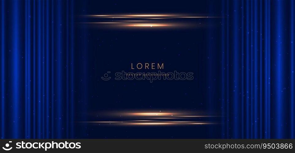 Dark blue curtain background with gold lighting effect. Celebration grand openning party happy concept. Vector illustration