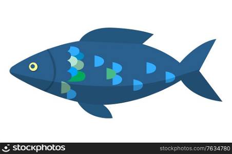 Dark blue fish isolated on white background. Head with small eye, big body with colorful scales, fins and tail. Animal that live in water, fishery sport trophy. Vector in flat style for t-shirt print. Dark Blue Fish Isolated on White, Water animal