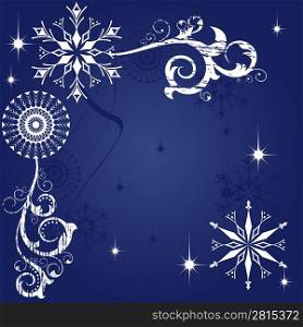 Dark blue grunge background with snowflakes and frosty patterns