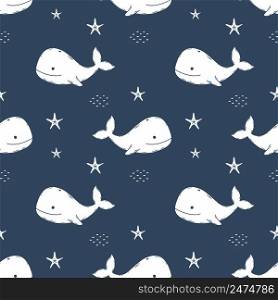 Dark blue pattern with cute whale. Endless background nursery. Repeating wallpaper for sewing clothes and printing on fabric. Children vector illustration.