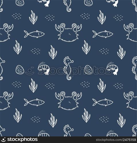 Dark blue seamless pattern with marine animals. Crab and shrimp. Wallpaper for nursery. Sewing clothes for boy. Print on packaging paper. Day sea.