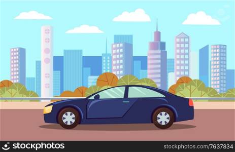 Dark blue small car, vehicle on city background. Sedan or hatchback stand on asphalted road or highway. Beautiful landscape of town with skyscrapers. Vector cartoon illustration in flat style. Car on Asphalted City Road, Landscape of Town