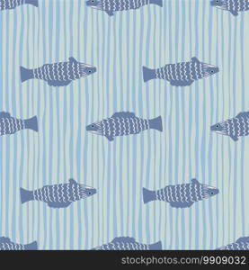 Dark blue stylized fish elements seamless pattern. Doodle aquatic ornament with stripped background. Designed for wallpaper, textile, wrapping paper, fabric print. Vector illustration.. Dark blue stylized fish elements seamless pattern. Doodle aquatic ornament with stripped background.
