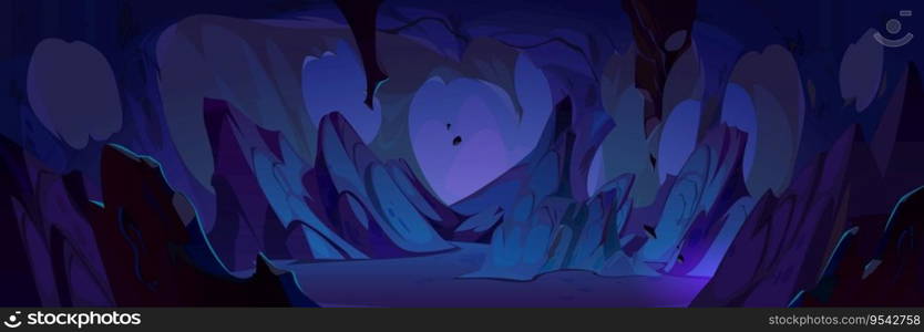 Dark cave or mine with stone walls and stalactites on the inside. Mysterious underground or dungeon game cartoon background. Vector illustration of rocky cavern or grotto with tunnel path.. Dark cave or mine with stone walls and stalactites
