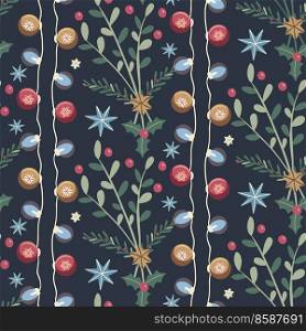 Dark Christmas seamless pattern with lights and plants