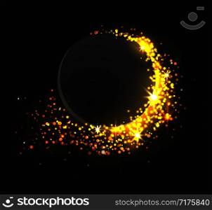 Dark circle on a black background with golden sparkles. Vector element for your design.. Dark circle on a black background with golden sparkles.