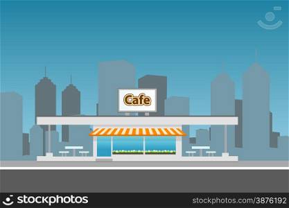 Dark Cityscape with cafe building. Flat illustration.