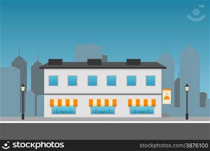 Dark Cityscape with restaurant building. Flat illustration.