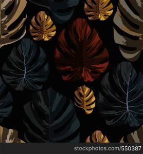 Dark color tropical monstera leaves seamless pattern black background