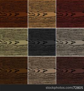 Dark color wood texture background. 9 colors wood texture background. Set 03 Blank natural pattern swatch template. Empty realistic plank with annual years circles. Backdrop size square format. Vector illustration design elements 10 eps