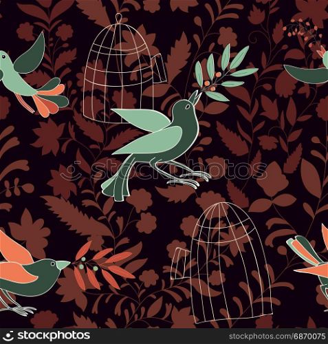 Dark colorful seamless wallpaper with birds, olive branches and birdcages. Nature pattern for web, textile, backdrop, background. Birds fly from the cells to freedom. Vector clipart. Dark colorful seamless wallpaper with birds, olive branches and birdcages. Nature pattern for web, textile, backdrop, background. Birds fly from the cells to freedom
