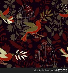 Dark colorful seamless wallpaper with birds, olive branches and birdcages. Nature pattern for web, textile, backdrop, background. Birds fly from the cells to freedom. Vector clipart. Dark colorful seamless wallpaper with birds, olive branches and birdcages. Nature pattern for web, textile, backdrop, background. Birds fly from the cells to freedom