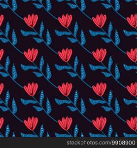 Dark contrast seamless botanic flower pattern. Red tulips with blue stems on black background. Decorative backdrop for wallpaper, textile, wrapping paper, fabric print. Vector illustration.. Dark contrast seamless botanic flower pattern. Red tulips with blue stems on black background.