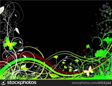 Dark floral background with flowing lines inspired by nature