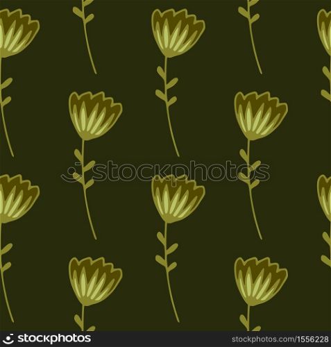 Dark floral seamless pattern with contoured abstract flowers. Design in golden palette and yellow and green tones. Decorative print for wallpaper, wrapping paper, textile print, fabric. Vector. Dark floral seamless pattern with contoured abstract flowers. Design in golden palette and yellow and green tones.