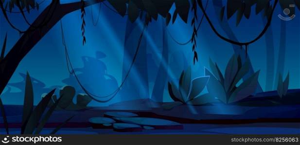 Dark forest landscape at night. Jungle scenery with silhouettes of trees, plants and bushes in moonlight. Glade in deep woods or park at night, vector cartoon illustration. Dark forest landscape with trees at night