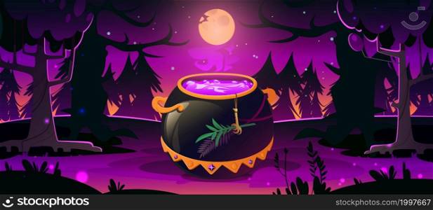 Dark forest with witch cauldron, trees silhouettes, purple light and moon at night. Halloween background with gold cooking boiler with magic potion. Vector cartoon illustration with cauldron in wood. Forest with witch cauldron at night