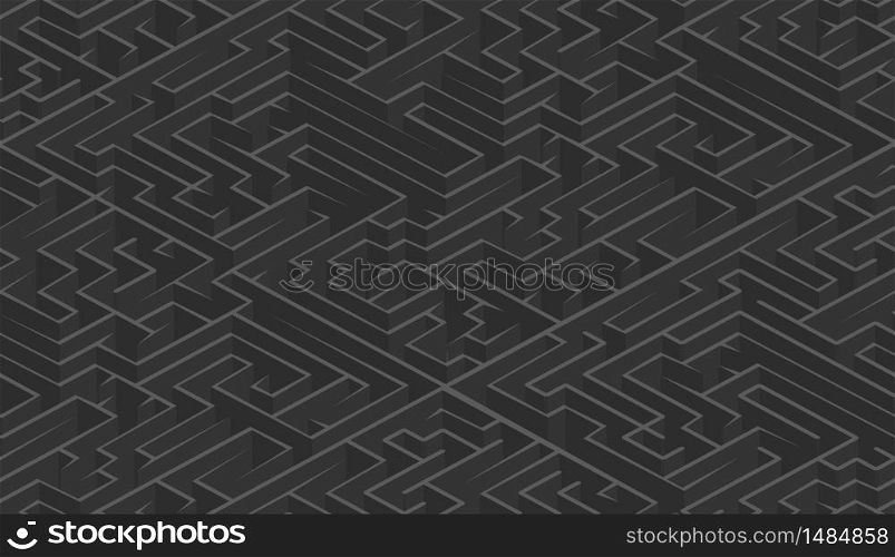 Dark gray complicated maze in isometric view. Isometric dark gray complicated maze