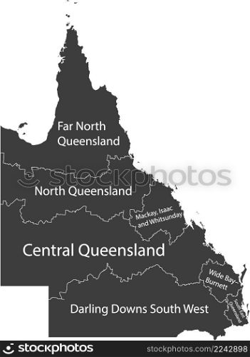 Dark gray flat vector administrative map of regions of the Australian state of QUEENSLAND, AUSTRALIA with white border lines and name tags of its regions