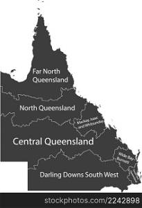 Dark gray flat vector administrative map of regions of the Australian state of QUEENSLAND, AUSTRALIA with white border lines and name tags of its regions
