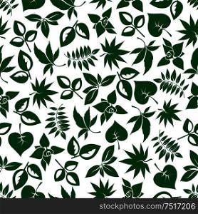 Dark green foliage seamless background for nature theme, retro wallpaper or fabric design with cartoon pattern of various leafy branches . Dark green leaves retro seamless pattern