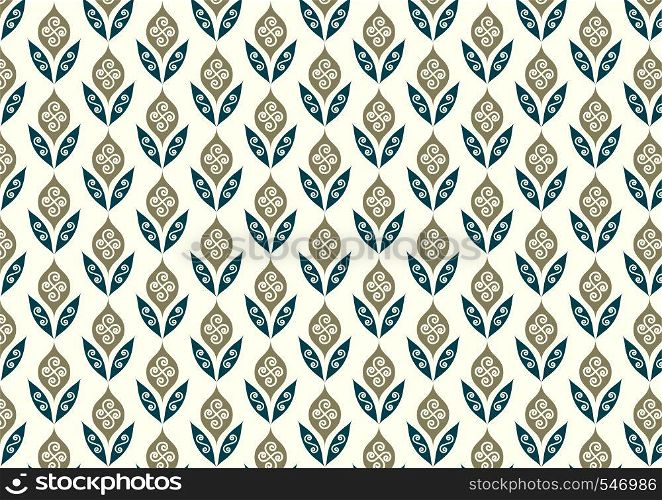 Dark green vintage and old age blossom and leaves pattern on pastel background. Classic bloom and leaves seamless pattern style for old design