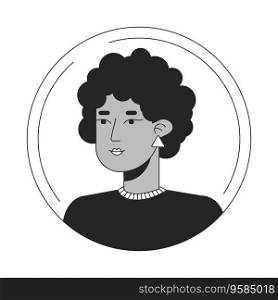 Dark haired afro woman black white cartoon avatar icon. Curly hair. Cute face. Editable 2D character user portrait, linear flat illustration. Vector face profile. Outline person head and shoulders. Dark haired afro woman black white cartoon avatar icon