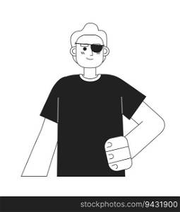 Dark haired man with blindfold on eye monochromatic flat vector character. Editable thin line half body self-assured man with disability on white. Simple bw cartoon spot image for web graphic design. Handsome man with blindfold on eye monochromatic flat vector character