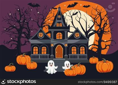 Dark Halloween background with spooky house, tree, cute ghost, orange pumpkin, bat at night. Happy Halloween banner. Vector illustration..  Happy Halloween banner. Vector illustration.