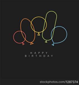 Dark Happy birthday modern minimalist vector illustration card with balloons made by thin line. Dark Happy birthday vector illustration card with balloons