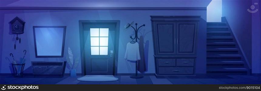 Dark house hallway interior at night with closed door cartoon vector background. Empty stairs inside home hall. Light from entrance window in foyer. Indoor horror lobby illustration with mirror.. Dark house hallway interior at night, closed door