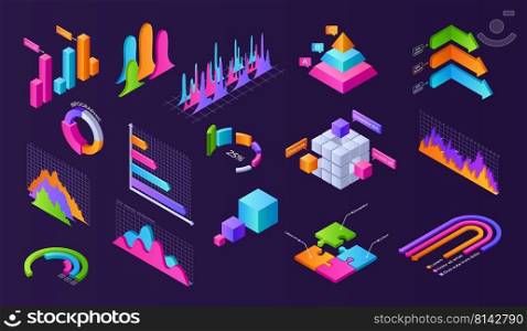 Dark isometric chart. 3d finance presentation layout with graphs charts diagrams and progress bars of volume figures. Vector business analytic graphic set. Data statistics and financial analytic. Dark isometric chart. 3d finance presentation layout with graphs charts diagrams and progress bars of volume figures. Vector business analytic graphic set