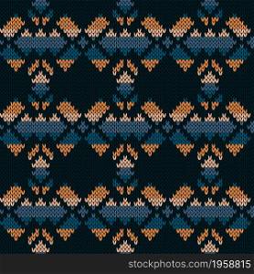 Dark knitting seamless vector pattern as a fabric texture in muted orange and blue color as a fabric texture