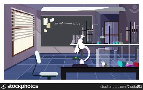 Dark laboratory room with glassware on table vector illustration. Workspace with table full of instruments for scientific experiment. Chemistry concept