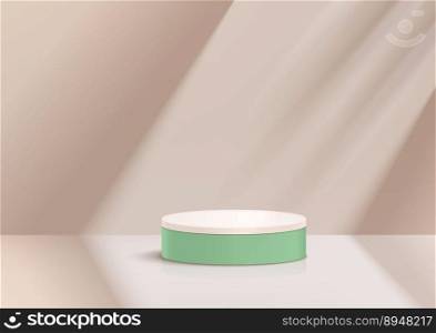 Dark light green and light brown cylinder platform. podium with window lighting light brown color abstract wall scene. stand to show cosmetic products. Product presentation. Vector illustration  