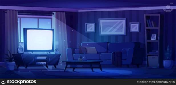 Dark living room interior with tv at night. Empty home or apartment interior with window, sofa, television set on stand, coffee table and bookcase in evening, vector cartoon illustration. Dark living room interior with tv at night