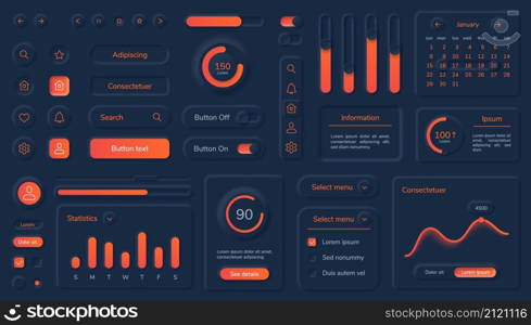 Dark neumorphic user interface elements with neon buttons and bars. Black neumorphism style dashboard design, mobile app ui kit vector set. Different charts, week statistics template. Dark neumorphic user interface elements with neon buttons and bars. Black neumorphism style dashboard design, mobile app ui kit vector set