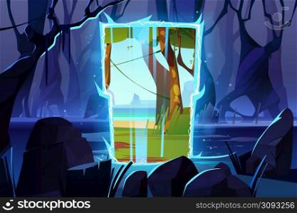 Dark night forest with magic portal to alien world with green grass and river. Vector cartoon fantasy illustration of deep wood landscape with tree trunks, swamp and mystic gates with blue glow. Dark night forest with magic portal to alien world