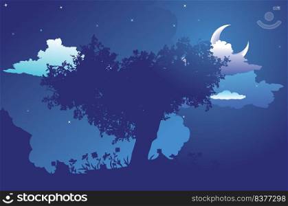 Dark night landscape with tree and grass silhouette illustration.