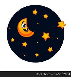 Dark night sky full of shiny golden stars and with young moon that has funny face. Crescent with big eye and open mouth inside circle isolated cartoon flat vector illustration on white background.. Night sky full of stars and with young moon