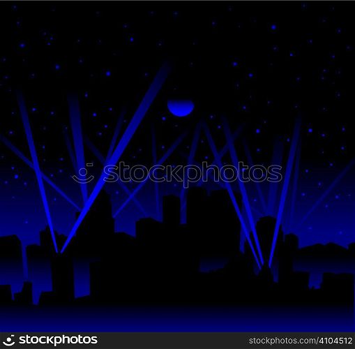 Dark night with large moon and stars with searchlight and city skyline