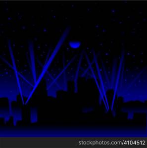 Dark night with large moon and stars with searchlight and city skyline