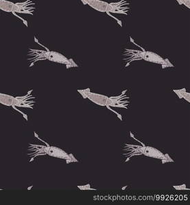 Dark ocean seamless pattern with doodle grey hand drawn squids. Brown background. Fish sketch. Designed for fabric design, textile print, wrapping, cover. Vector illustration.. Dark ocean seamless pattern with doodle grey hand drawn squids. Brown background. Fish sketch.