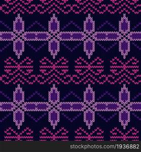 Dark ornamental knitting seamless vector pattern in violet, pink and blue colors as a fabric texture