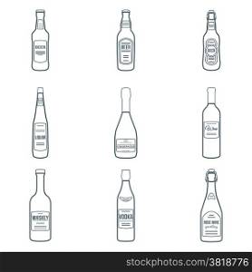 dark outline alcohol bottles icons set. vector dark outline design alcohol bottles icons set on white