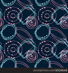 Dark pattern abstract hand drawn doodle circles and round shapes blue and pink colors.