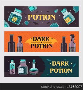 Dark potion banners set. Magic bottles with witchcraft drinks or poisons vector illustrations with text. Witchery and Halloween concept for flyers and brochures design